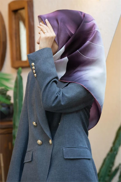 %100 Twill İpek Degrade Duman Gri - Pudra Renkli 90x90 Eşarp Dikim Şekli : El Dikişi ürün görseli 1