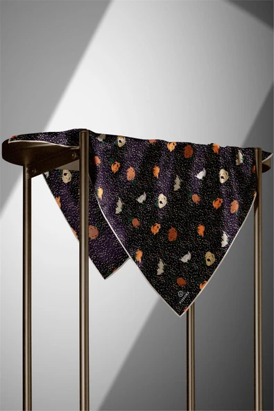 %100 Twill İpek Çıtır Çiçek Desenli Siyah - Taba Renkli 90x90 Eşarp Dikim Şekli : El Dikişi - Resim 5