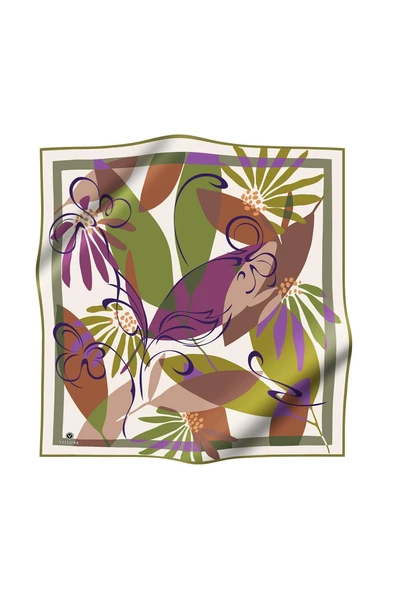 %100 Twill İpek Çiçek Desenli Haki - Mürdüm Renkli 90x90 Eşarp Dikim Şekli : El Dikişi - Resim 2