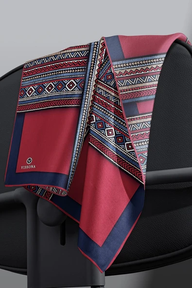 %100 Twill İpek Etnik Desenli Lacivert - Bordo  Renkli 90x90 Eşarp Dikim Şekli : El Dikişi - Resim 4