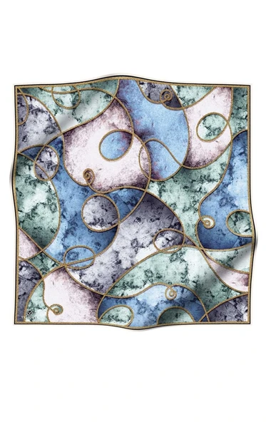 %100 Twill İpek Zincirli Mermer Desenli İndigo - Mint Yeşili Renkli 90x90 Eşarp Dikim Şekli : El Dikişi - Resim 2