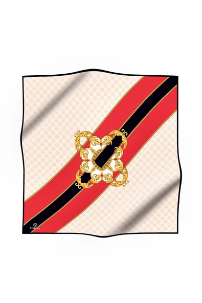 %100 Twill İpek Monogram Ve Barok Desenli Kırmızı - Krem Renkli 90x90 Eşarp Dikim Şekli : El Dikişi - Resim 2
