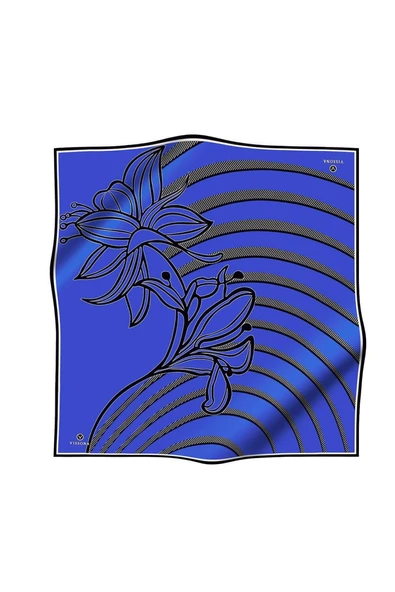 %100 Twill İpek Çizgili Çiçek Desenli Saks - Siyah Renkli 90x90 Eşarp Dikim Şekli : El Dikişi - Resim 2