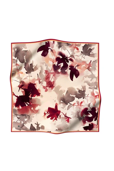 %100 Twill İpek Yaprak Desenli Bej - Bordo Renkli 90x90 Eşarp Dikim Şekli : El Dikişi - Resim 6