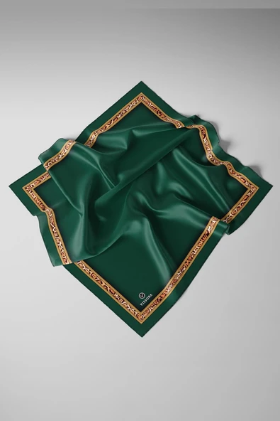 %100 Twill İpek Bordürü Leoparlı Düz Desenli Zümrüt Yeşili - Gold Renkli 90x90 Eşarp Dikim Şekli : El Dikişi - Resim 3