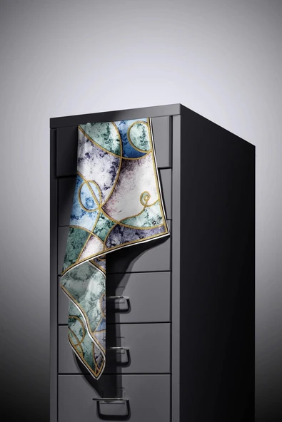 %100 Twill İpek Zincirli Mermer Desenli İndigo - Mint Yeşili Renkli 90x90 Eşarp Dikim Şekli : El Dikişi - Resim 6