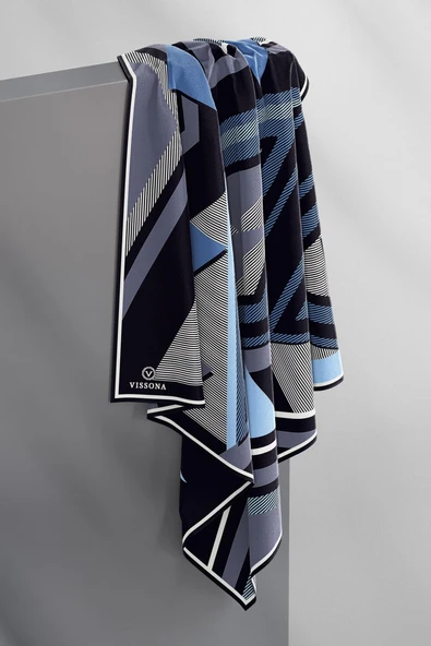 % 57 İPEK % 43 VİSKON Twill İpek Geometrik Desenli İndigo - Siyah Renkli 90x90 Eşarp Dikim Şekli : El Dikişi - Resim 4