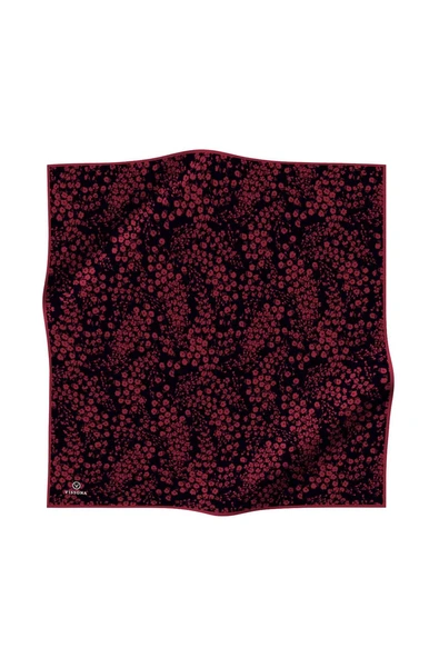 %100 Twill İpek Çıtır Çiçek Desenli Siyah - Bordo Renkli 90x90 Eşarp Dikim Şekli : El Dikişi - Resim 2