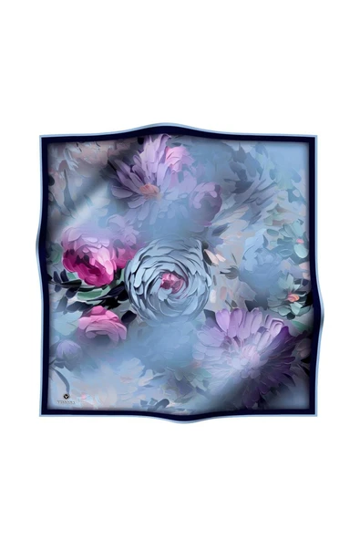 %100 Twill İpek Dumanlı Çiçek Desenli İndigo - Lacivert Renkli 90x90 Eşarp Kenar Dikiş Şekli El Dikişli - Resim 2