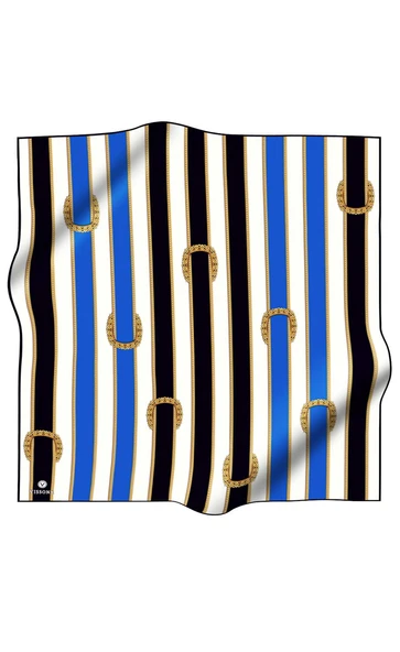 %100 Twill İpek Kemer Desenli Siyah - Saks Renkli 90x90 Eşarp Dikim Şekli : El Dikişi - Resim 2