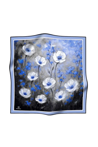 %100 Twill İpek Yağlı Boya Çiçek Desenli İndigo Renkli 90x90 Eşarp Dikim Şekli : El Dikişi - Resim 2