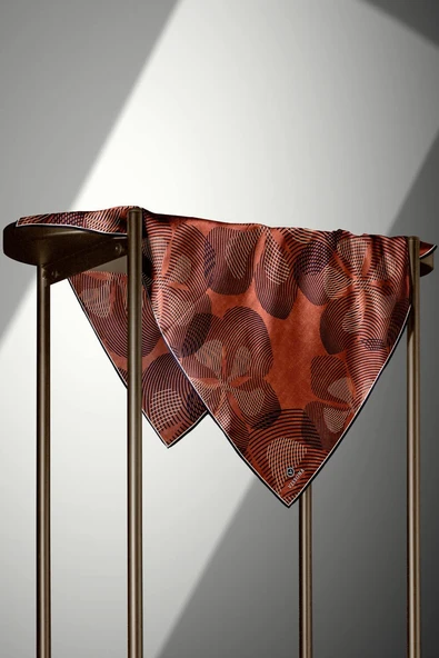 %100 Twill İpek Çizgili Çiçek Desenli Kiremit - Siyahi Renkli 90x90 Eşarp Dikim Şekli : El Dikişi - Resim 4