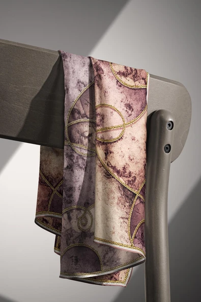 %100 Twill İpek Zincirli Mermer Desenli Gül Kurusu - Vizon Renkli 90x90 Eşarp Dikim Şekli : El Dikişi - Resim 4