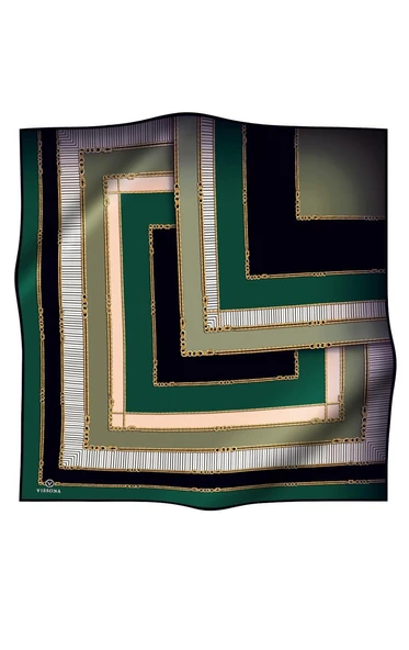 %100 Twill İpek Zincir Detaylı Geometrik Desenli Zümrüt Yeşili - Siyah Renkli 90x90 Eşarp Dikim Şekli : El Dikişi - Resim 2