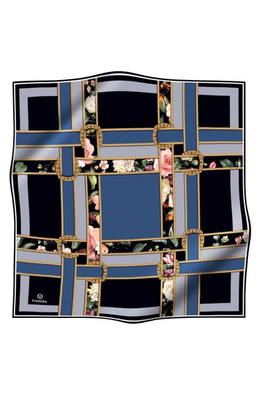 %100 Twill İpek Şeritleri Kemerli Ve Çiçek Desenli İndigo - Gri Renkli 90x90 Eşarp Dikim Şekli : El Dikişi - Resim 2