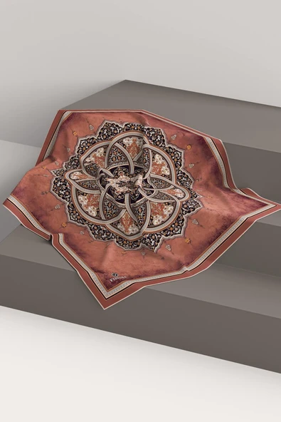 %100 Twill İpek Şal Desenli Taba - Siyah Renkli 90x90 Eşarp Dikim Şekli : El Dikişi - Resim 3