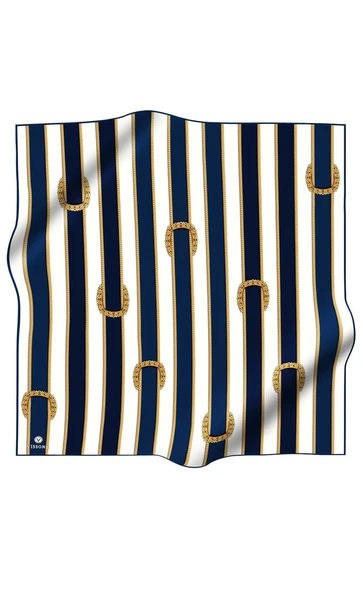 %100 Twill İpek Kemer Desenli Lacivert - Krem Renkli 90x90 Eşarp Dikim Şekli : El Dikişi - Resim 2