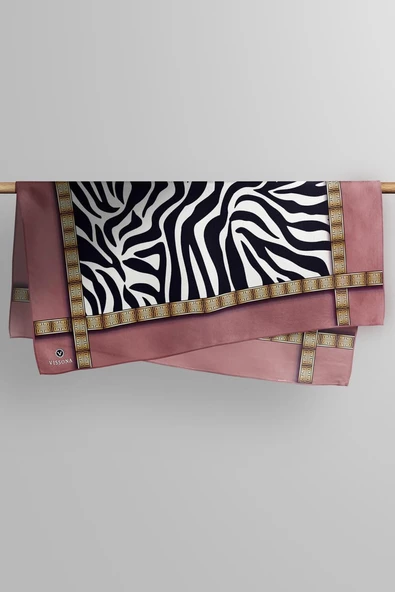 %100 Twill İpek Zebra Desenli Pudra - Gold Renkli 90x90 Eşarp Dikim Şekli : El Dikişi - Resim 5