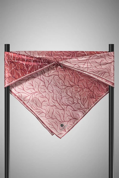 %100 Twill İpek Degrade Desenli Gül Kurusu Renkli 90x90 Eşarp Dikim Şekli : El Dikişi - Resim 5