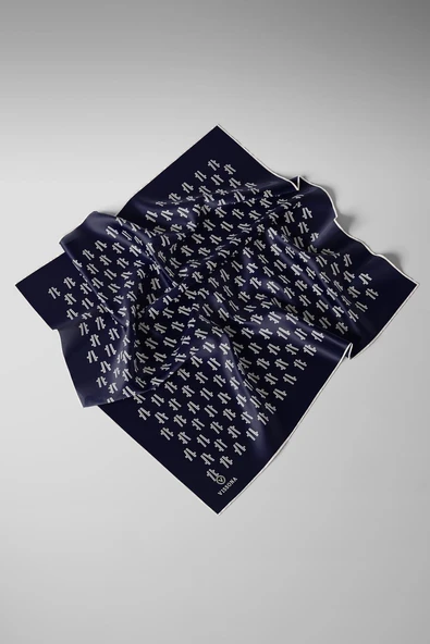 %100 Twill İpek Geometrik Desenli Lacivert - Krem Renkli 90x90 Eşarp Dikim Şekli : El Dikişi - Resim 4