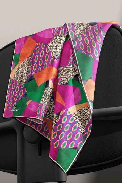 %100 Twill İpek Geometrik Desenli Fuşya - Zümrüt Yeşili Renkli 90x90 Eşarp Eşarp Kenar Dikiş Şekli El Dikişli - Resim 5