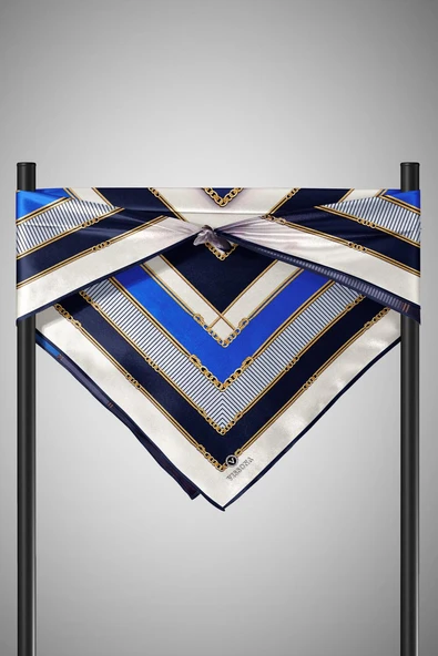 %100 Twill İpek Zincir Detaylı Geometrik Desenli Saks - Lacivert Renkli 90x90 Eşarp Dikim Şekli : El Dikişi - Resim 6