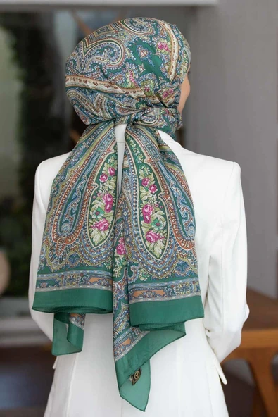 %100 İpek Etro Desenli Petrol Yeşili Renkli 92x210 Şal ürün görseli