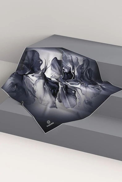 %100 Twill İpek Batik Çiçek Desenli Siyah - Gümüş Renkli 90x90 Eşarp Dikim Şekli : El Dikişi - Resim 6