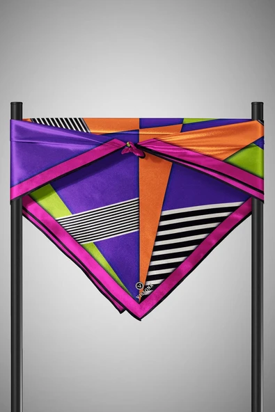 %100 Twill İpek Çizgili ve Geometrik Desenli Fuşya - Turuncu Renkli 90x90 Eşarp Dikim Şekli : El Dikişi - Resim 6