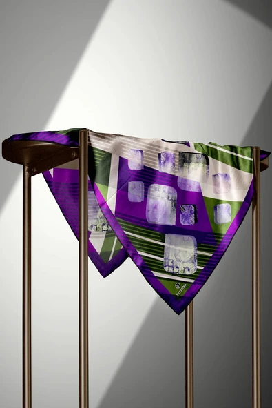 %100 Twill İpek Geometrik Desenli Mor - Haki Renkli 90x90 Eşarp Dikim Şekli : El Dikişi - Resim 5
