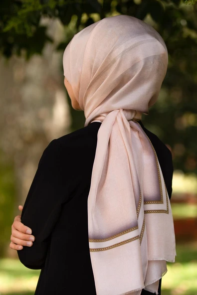 %100 İpek Dokulu Desenli Taba - Taba Renkli 92x210 Şal - Resim 3