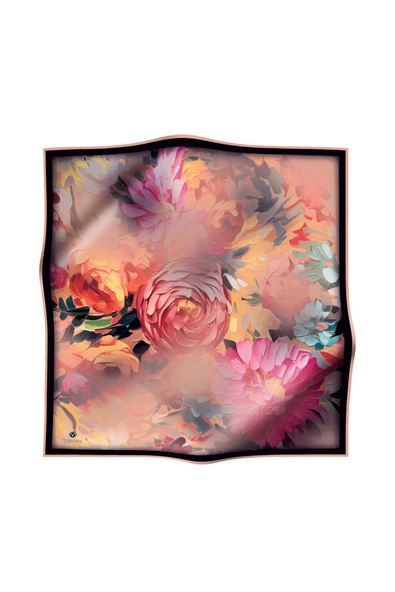 %100 Twill İpek Dumanlı Çiçek Desenli Somon Renkli 90x90 Eşarp Kenar Dikiş Şekli El Dikişli - Resim 2