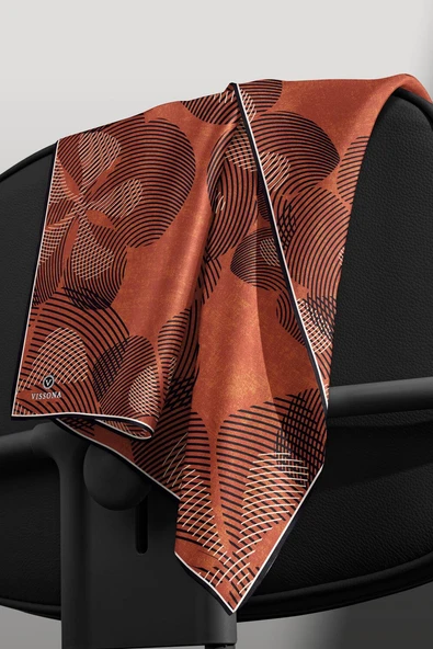 %100 Twill İpek Çizgili Çiçek Desenli Kiremit - Siyahi Renkli 90x90 Eşarp Dikim Şekli : El Dikişi - Resim 6