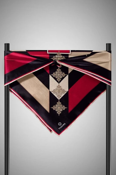 %100 Twill İpek Geometrik ve Barok Desenli Siyah - Bordo Renkli 90x90 Eşarp Dikim Şekli : El Dikişi - Resim 6