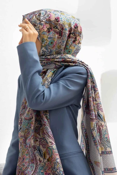 %100 İPEK ETRO DESENLİ KREM - MÜRDÜM RENKLİ ŞAL ürün görseli 1