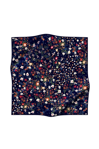 %100 Twill İpek Çıtır Çiçek Desenli Lacivert - Kırmızı Renkli 90x90 Eşarp Dikim Şekli : El Dikişi - Resim 2