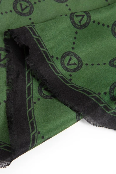 % 100 İpek V Logo Desenli Zümrüt Yeşili Renkli 90x210 Şal - Resim 2