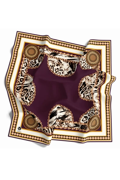 Kristal Zincirli Leopar Desenli Mürdüm Renkli 90x90 Eşarp (İpek İçermez) Kenar Dikiş Şekli El Dikişli ürün görseli