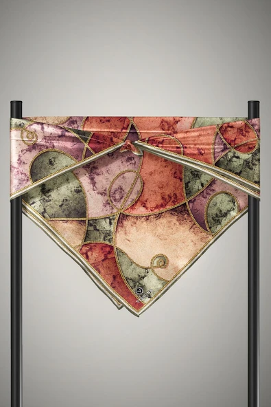 % 57 İPEK % 43 VİSKON Twill İpek Zincirli Mermer Desenli Haki - Bakır Renkli 90x90 Eşarp Dikim Şekli : El Dikişi - Resim 3