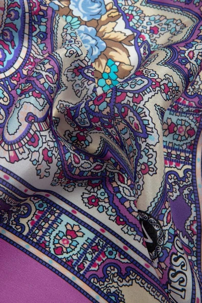 %100 İpek Etro Desenli Fuşya Renkli 92x210 Şal - Resim 3