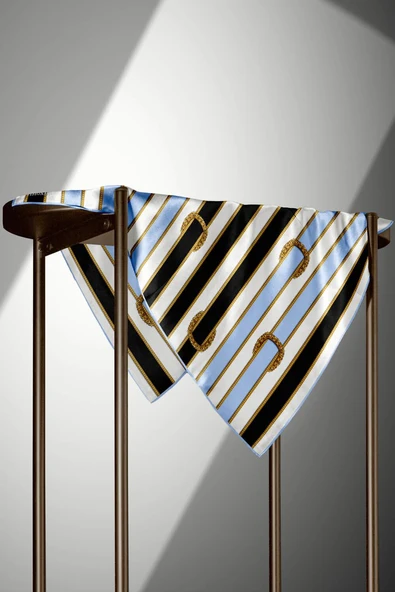 %100 Twill İpek Kemer Desenli Siyah - Bebe Mavisi Renkli 90x90 Eşarp Dikim Şekli : El Dikişi - Resim 6