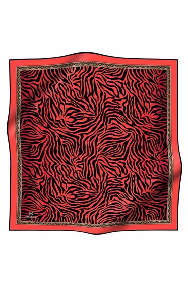 %100 Twill İpek Zebra Desenli Nar Çiçeği - Siyah Renkli 90x90 Eşarp Dikim Şekli : El Dikişi - Resim 2