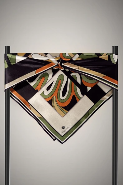 100% Twill İpek Geometrik Desenli Taba - Haki Renkli 90x90 Dikim Şekli : El Dikişi Eşarp - Resim 3