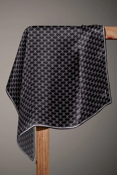 %100 Twill İpek Geometrik Desenli Siyah - Beyaz Renkli 90x90 Eşarp Dikim Şekli : El Dikişi - Resim 4