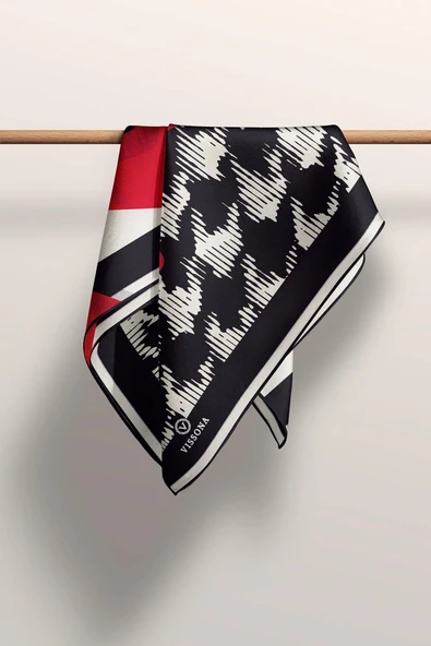 %100 Twill İpek Kazayağı Desenli Kırmızı - Krem Renkli 90x90 Eşarp Kenar Dikiş Şekli El Dikişli - Resim 5