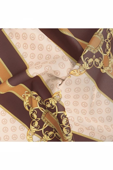 %100 Twill İpek Monogramlı Ve Barok Desenli Kahverengi - Bej Renkli 90x90 Eşarp Dikim Şekli : El Dikişi - Resim 6