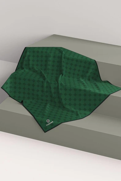 %100 Twill İpek Monogram Desenli Zümrüt Yeşili Renkli 90x90 Eşarp Dikim Şekli : El Dikişi - Resim 6