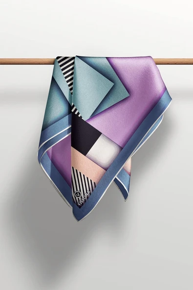 %100 Twill Renk Bloklu Çizgili Desenli Lila - İndigo Renkli 90x90 Eşarp Dikim Şekli: El Dikişii - Resim 4