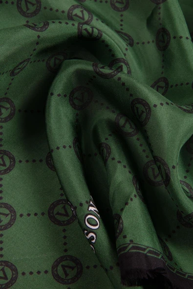 % 100 İpek V Logo Desenli Zümrüt Yeşili Renkli 90x210 Şal - Resim 3
