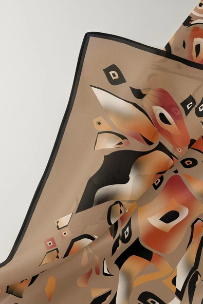 %100 Twill İpek Geometrik Desenli Taba - Bej Renkli 90x90 Eşarp Dikim Şekli : El Dikişi - Resim 4